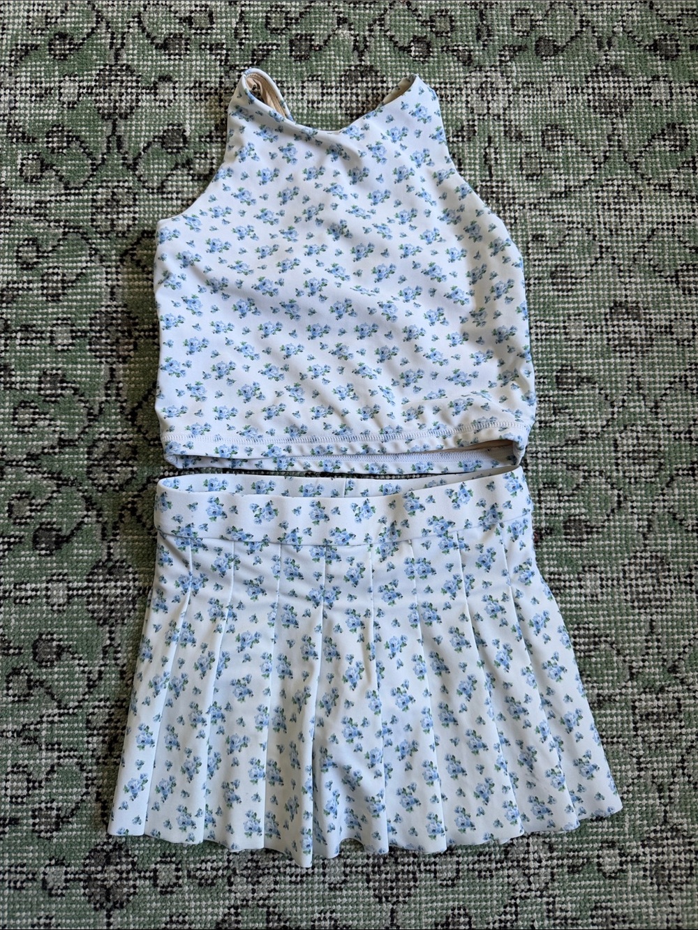 Girls Floral White & Blue Tank Top and Pleated Skort Set for Tennis etc